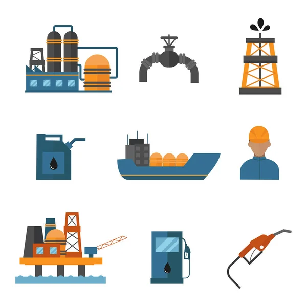 Mineral oil petroleum extraction production transportation factory logistic equipment vector icons illustration — Stock Vector