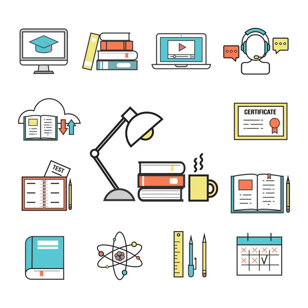 Platte ontwerp pictogrammen online onderwijs personeel opleiding boekhandel verre kennis leren vector illustratie — Stockvector