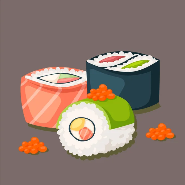 Sushi japońskiej kuchni tradycyjnej żywności płasko zdrowe dla smakoszy ikony Azji posiłek kultury roll ilustracji wektorowych. — Wektor stockowy