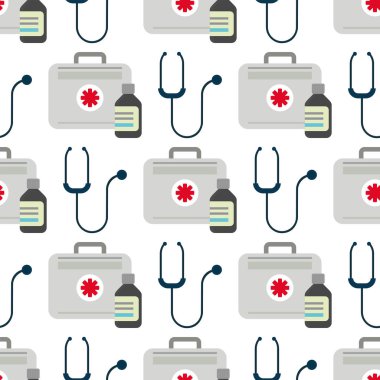 Ambulans stetoskop ilk yardım kiti vektör Tıp Sağlık Acil hastaneye acil eczane hap Dikişsiz desen arka plan