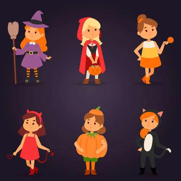 Cute kids wearing Halloween party costumes vector. — Stock Vector