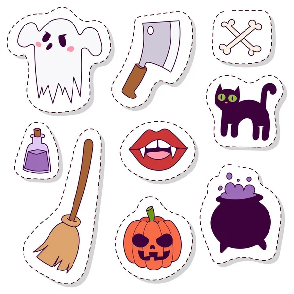 Halloween carnaval símbolos patchwork vetor ilustração com abóbora e fantasma assustador outubro outono medo assustador sinal tradicional . — Vetor de Stock