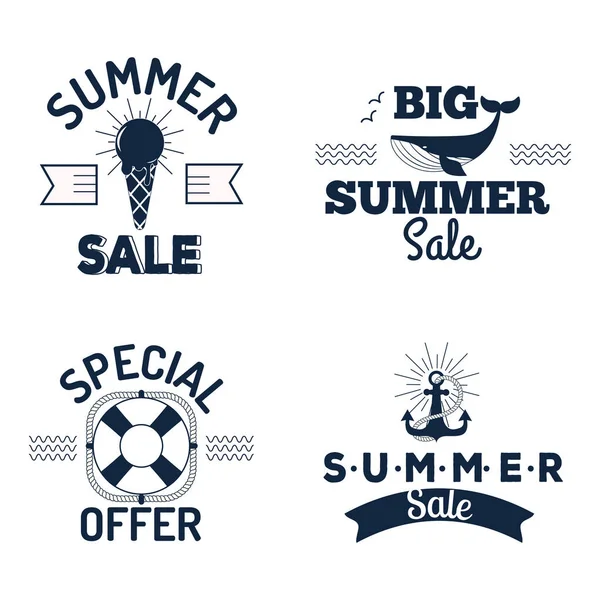 Emblemas de vetor de liberação de venda de verão algumas compras mão desenhada publicidade rótulos ilustração . — Vetor de Stock