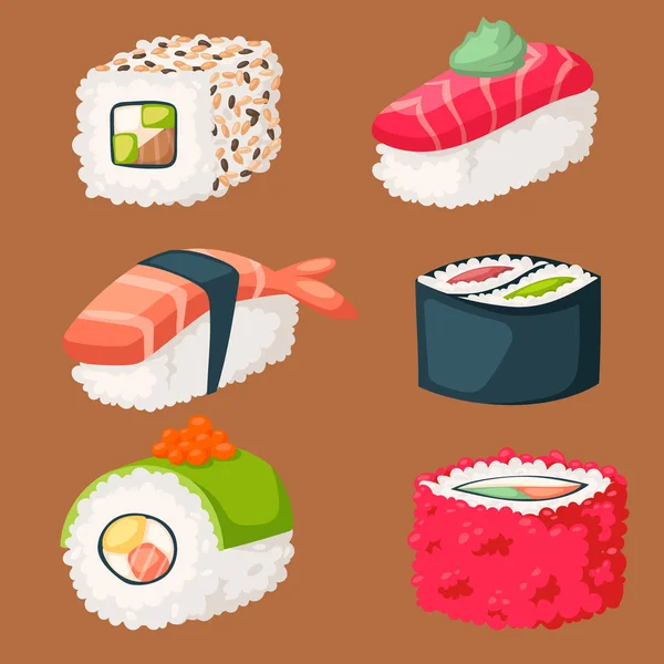 Sushi japán konyha hagyományos ételeket lakás egészséges ínyenc ikonok Ázsia étkezési kultúra roll vektor illusztráció. — Stock Vector