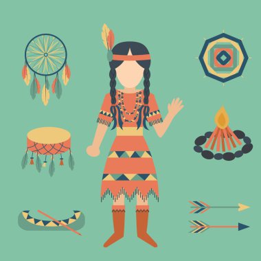 Kızılderililer simge tapınak süsleme ve öğe retro vintage Hinduizm etnik insanlar araçlar illüstrasyon vektör