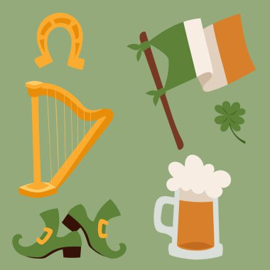 St Patricks Günü vektör simgeler ve cin karikatür tarzı sembolleri İrlandalı geleneksel dekorasyon tasarım vektör çizim.