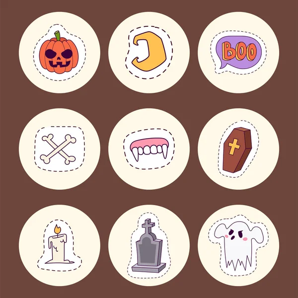 Halloween carnaval símbolos patchwork vector ilustración con calabaza y fantasma espeluznante octubre otoño miedo espeluznante signo tradicional . — Vector de stock