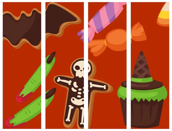 Halloween cookie voedsel kaarten nacht taart partij flayer snoepjes trick or treat vectorillustratie. — Stockvector
