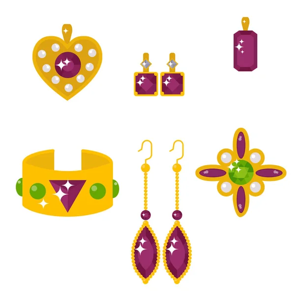 Vector jewelry items gold elegance gemstones precious accessories fashion illustration — Stock Vector