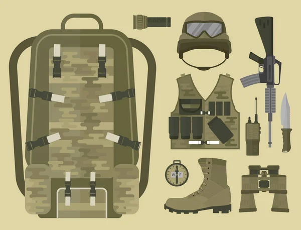Armas militares armas de armadura fuerzas de combate americano munición camuflaje signo vector ilustración . — Vector de stock