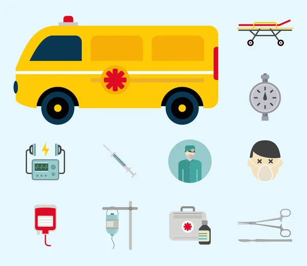 Iconos de ambulancia medicina vectorial salud hospital urgente farmacia píldora apoyo tratamiento paramédico — Vector de stock