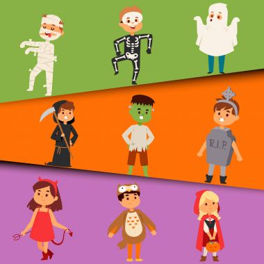 Şirin çocuklar Halloween Parti kostümleri vektör giyiyor.