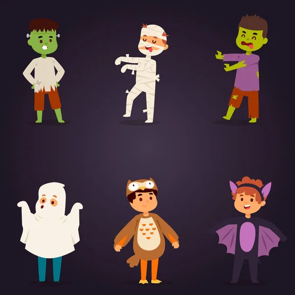 Lindos niños que usan trajes de fiesta de Halloween vector . — Vector de stock