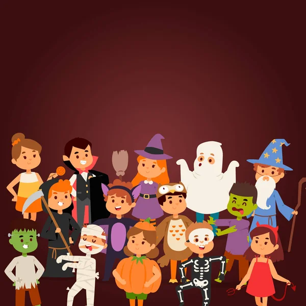 Lindos niños que usan trajes de fiesta de Halloween vector . — Vector de stock