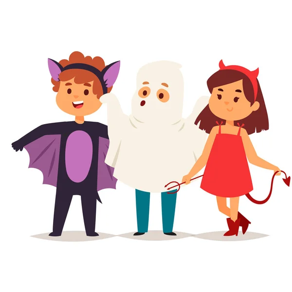 Lindos niños que usan trajes de fiesta de Halloween vector . — Vector de stock