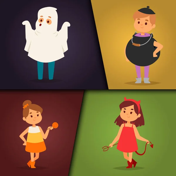 Lindos niños que usan trajes de fiesta de Halloween vector . — Vector de stock