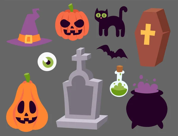 Halloween carnaval símbolos iconos vector ilustración con calabaza y fantasma espeluznante octubre otoño miedo espeluznante signo tradicional . — Vector de stock