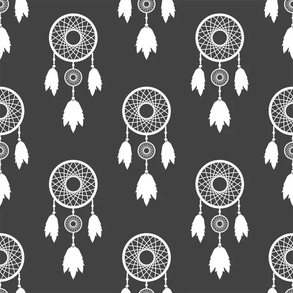 Decoración tribal bohemio atrapasueños plumas boho patrón inconsútil nativo sueño chic diseño vector ilustración — Vector de stock