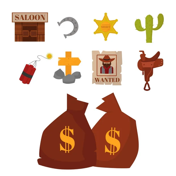 Vintage western kowboje wektor znaki symbole amerykański vintage stare wzory ikony ilustracja kreskówka. — Wektor stockowy