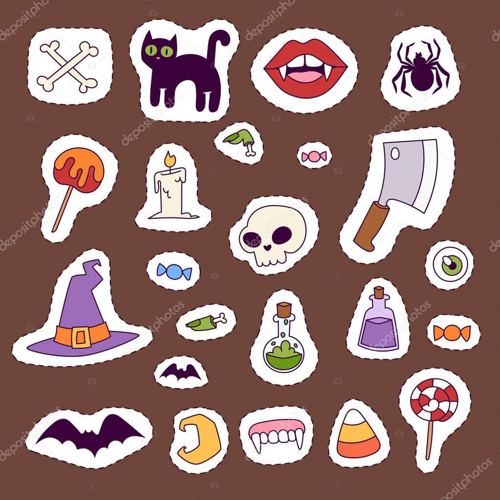 Halloween carnival symbols patchwork vector illustration with pumpkin and ghost spooky october autumn fear creepy traditional sign.