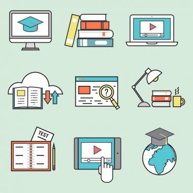 Düz tasarım simgeler online eğitim personeli kitapçıda bilgi öğrenme uzak eğitim illüstrasyon vektör