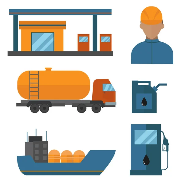 Mineralolja petroleum utvinning produktion transport fabriken logistisk utrustning vektor ikoner illustration — Stock vektor