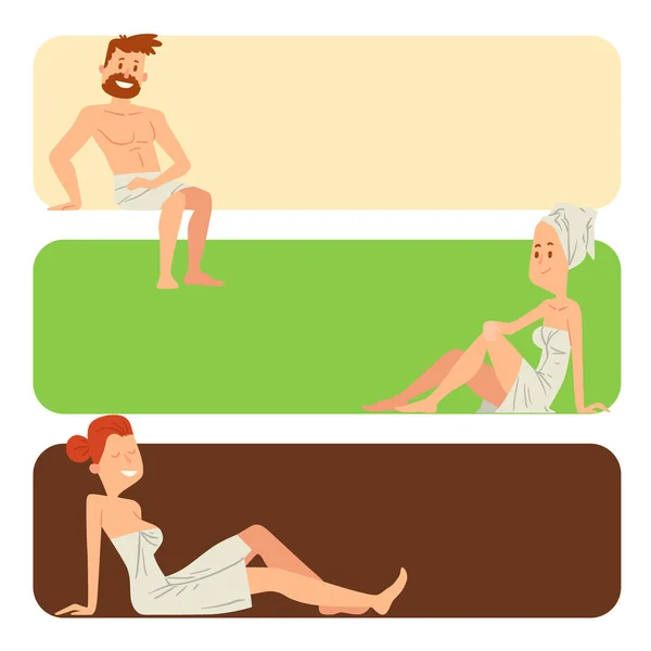 Bagno persone lavaggio del corpo carte viso vasca da bagno prendendo doccia vapore prendere lusso relax personaggi vettoriale illustrazione — Vettoriale Stock