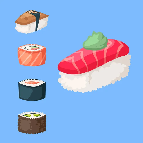Sushi cozinha japonesa comida tradicional plana ícones gourmet saudáveis Ásia refeição cultura rolo vetor ilustração . — Vetor de Stock