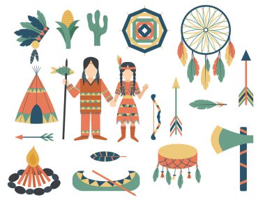 Kızılderililer simge tapınak süsleme ve öğe retro vintage Hinduizm etnik insanlar araçlar illüstrasyon vektör