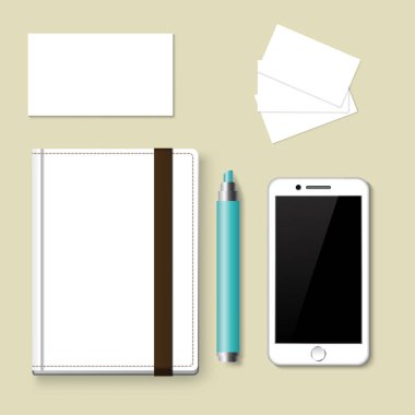 Sigorta primi kurumsal kimlik şablon iş kırtasiye mock-up gerçekçi 3d üstten görünüm illüstrasyon vektör