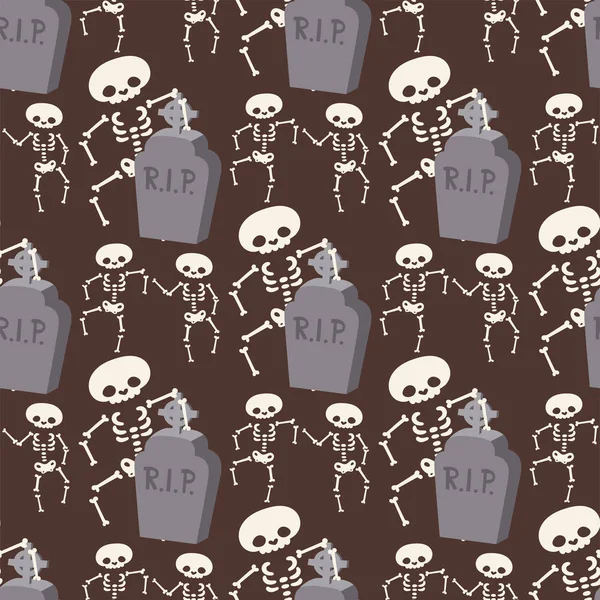 Halloween skelett nahtlose muster hintergrund nacht rip party trick oder behandeln bonbons vektor illustration. — Stockvektor