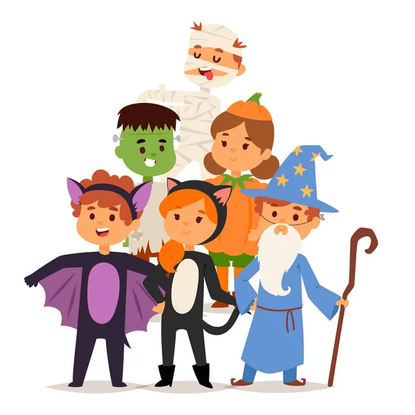 Lindos niños que usan trajes de fiesta de Halloween vector . — Vector de stock