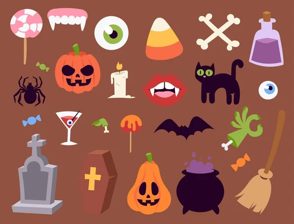 Halloween carnaval símbolos iconos vector ilustración con calabaza y fantasma espeluznante octubre otoño miedo espeluznante signo tradicional . — Vector de stock