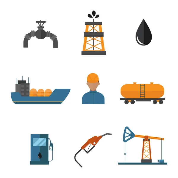 Mineral oil petroleum extraction production transportation factory logistic equipment vector icons illustration — Stock Vector