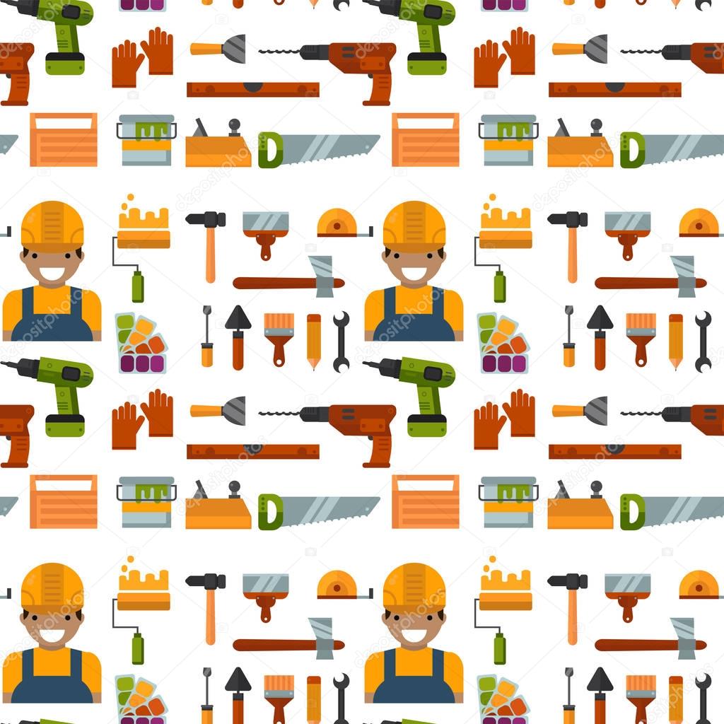 Construction tools worker equipment house renovation seamless pattern background handyman vector illustration.