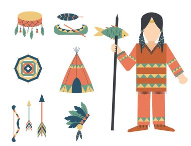 Kızılderililer simge tapınak süsleme ve öğe retro vintage Hinduizm etnik insanlar araçlar illüstrasyon vektör