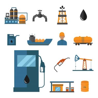 Mineral yağ petrol çıkarma üretim ulaşım fabrika lojistik ekipman vektör simgeleri çizim