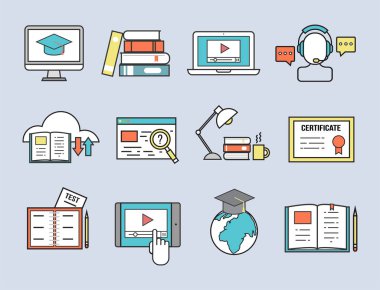 Düz tasarım simgeler online eğitim personeli kitapçıda bilgi öğrenme uzak eğitim illüstrasyon vektör
