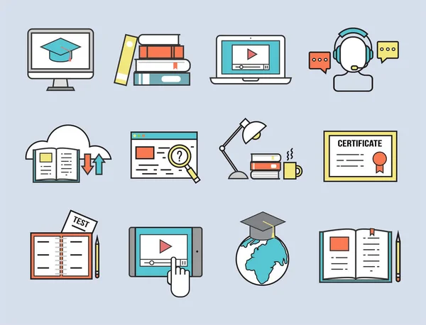 Icone del design piatto online istruzione personale formazione libro negozio di apprendimento a distanza conoscenza vettore illustrazione — Vettoriale Stock
