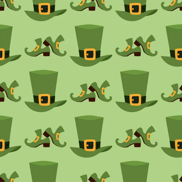 Matériau vert chapeau de lutin avec bande en cuir marron motif sans couture fond or shamrock et boucle vectorielle illustration . — Image vectorielle
