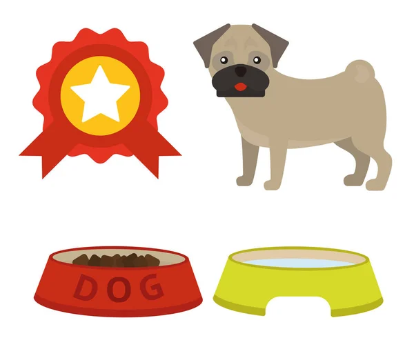 Pug perro jugando vector ilustración elementos conjunto estilo plano cachorro doméstico mascota accesorio . — Vector de stock