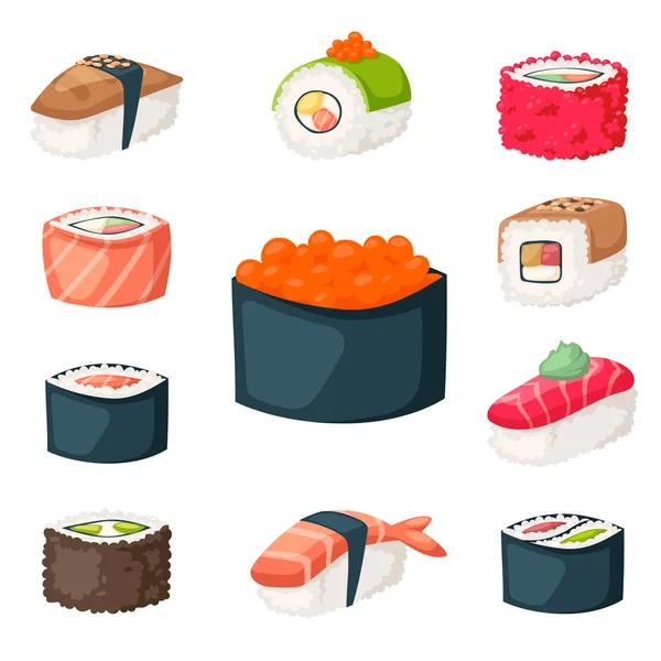 Sushi japanische Küche traditionelles Essen flache gesunde Gourmet-Ikonen asiatische Esskultur Rollenvektor Illustration. — Stockvektor