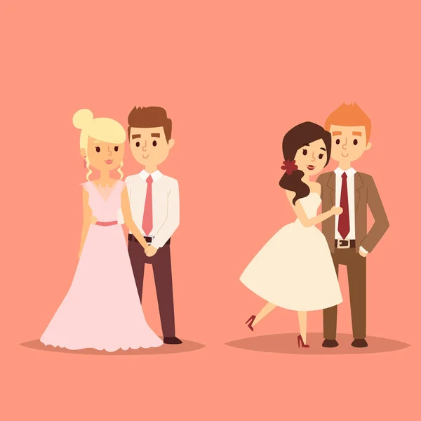 Boda pareja vector hermoso modelo chica en vestido blanco y hombre en traje novia ilustración — Archivo Imágenes Vectoriales