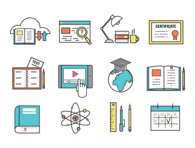 Düz tasarım simgeler online eğitim personeli kitapçıda bilgi öğrenme uzak eğitim illüstrasyon vektör