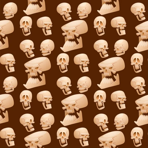 Schedel botten menselijk gezicht halloween horror crossbones vrezen eng vector illustratie naadloze patroon achtergrond. — Stockvector