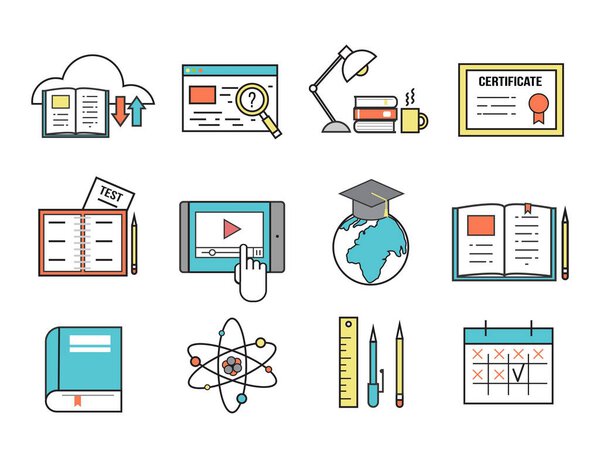 Flat design icons online education staff training book store distant learning knowledge vector illustration