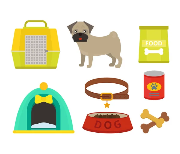 Pug perro jugando vector ilustración elementos conjunto estilo plano cachorro doméstico mascota accesorio . — Vector de stock