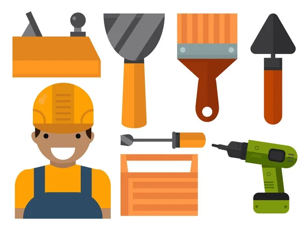 Εικονογράφηση φορέα πολυτεχνίτης ανακαίνιση σπίτι εξοπλισμός εργάτης εργαλεία κατασκευής. — Διανυσματικό Αρχείο