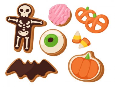 Parti Halloween çerez sembolleri gıda gece kek oyun ya da şeker şeker vektör çizim.