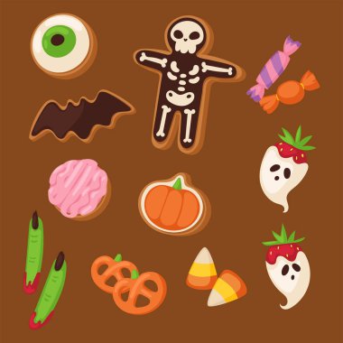 Parti Halloween çerez sembolleri gıda gece kek oyun ya da şeker şeker vektör çizim.